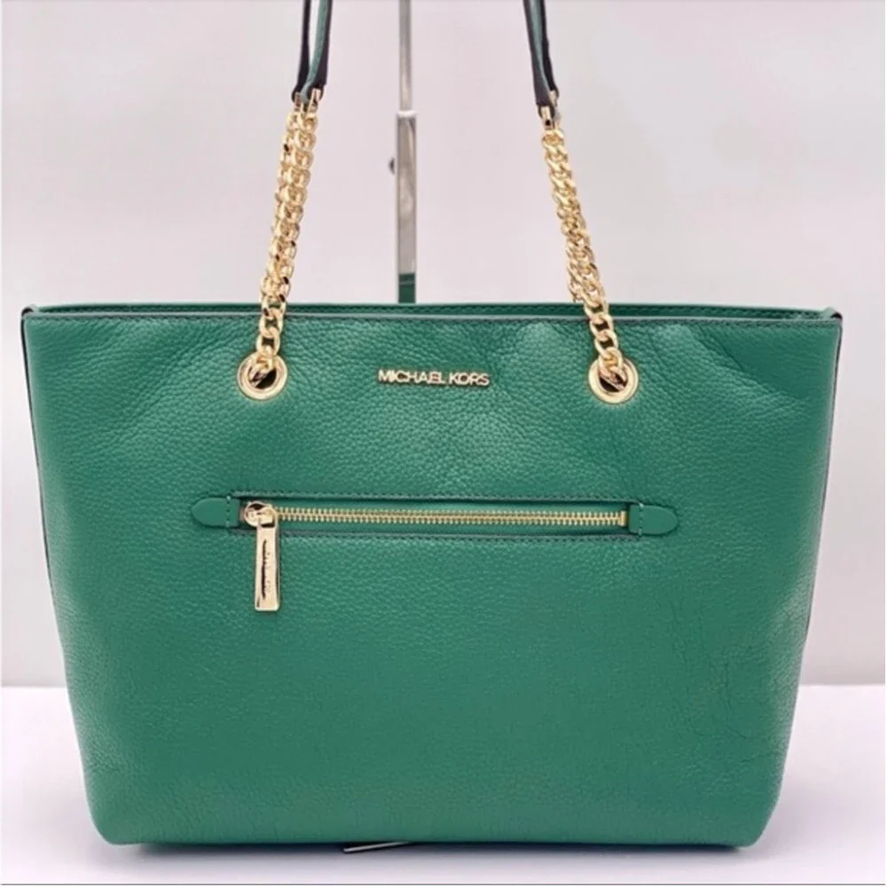 New Michael Kors Medium Front Zip Chain Tote Bag Leather JEWEL GREEN